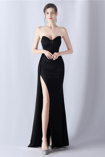 Vestido de fiesta de corsé largo sin tirantes de sirena azul marino con abertura